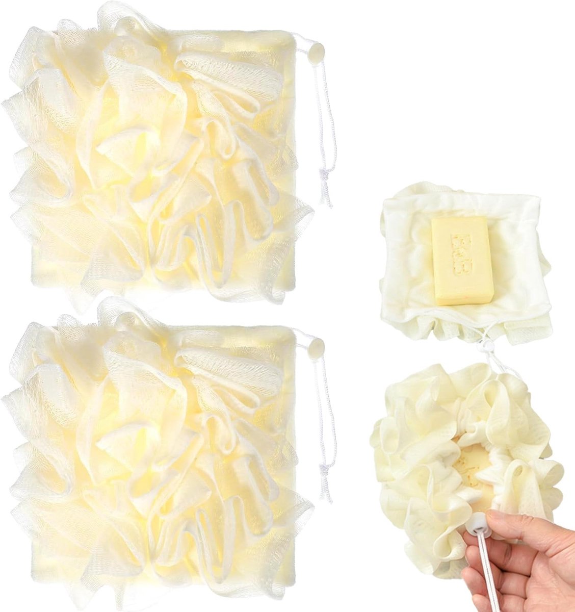 SnelShoppen - 2 stuks Luffa met Zeepzakje - 2-in-1 Washandje en Douche Spons - Machinewasbaar - Geel - Perfect voor Badkamer, Douche en Wellness