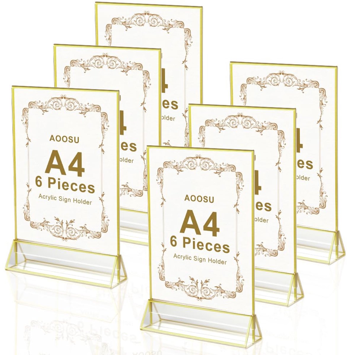 SnelShoppen - Acrylic Display Stand 6 Stuks A4 T-Stand Dubbelzijdige Menu Kaarthouder voor Restaurants, Cafés, Kantoor, Foto's - Gouden Rand