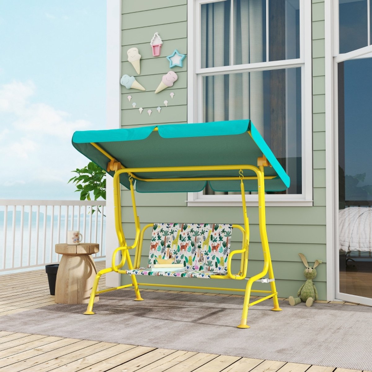 COVREO Kinder Hollywoodschaukel 112 x 75 x 120 cm - groen, metaal en polyester, verstelbaar zonnedak