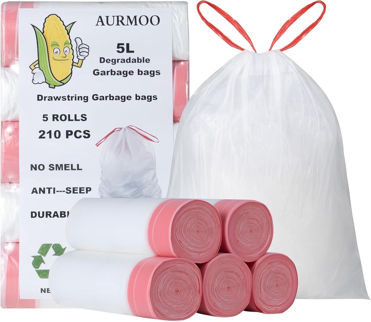 SnelShoppen - Biologisch Afbreekbare Vuilniszakken 210x5L met Trekkoord, Geschikt voor Keuken- en Huishoudafval, 32x35 cm, Milieuvriendelijk, PSM Mate