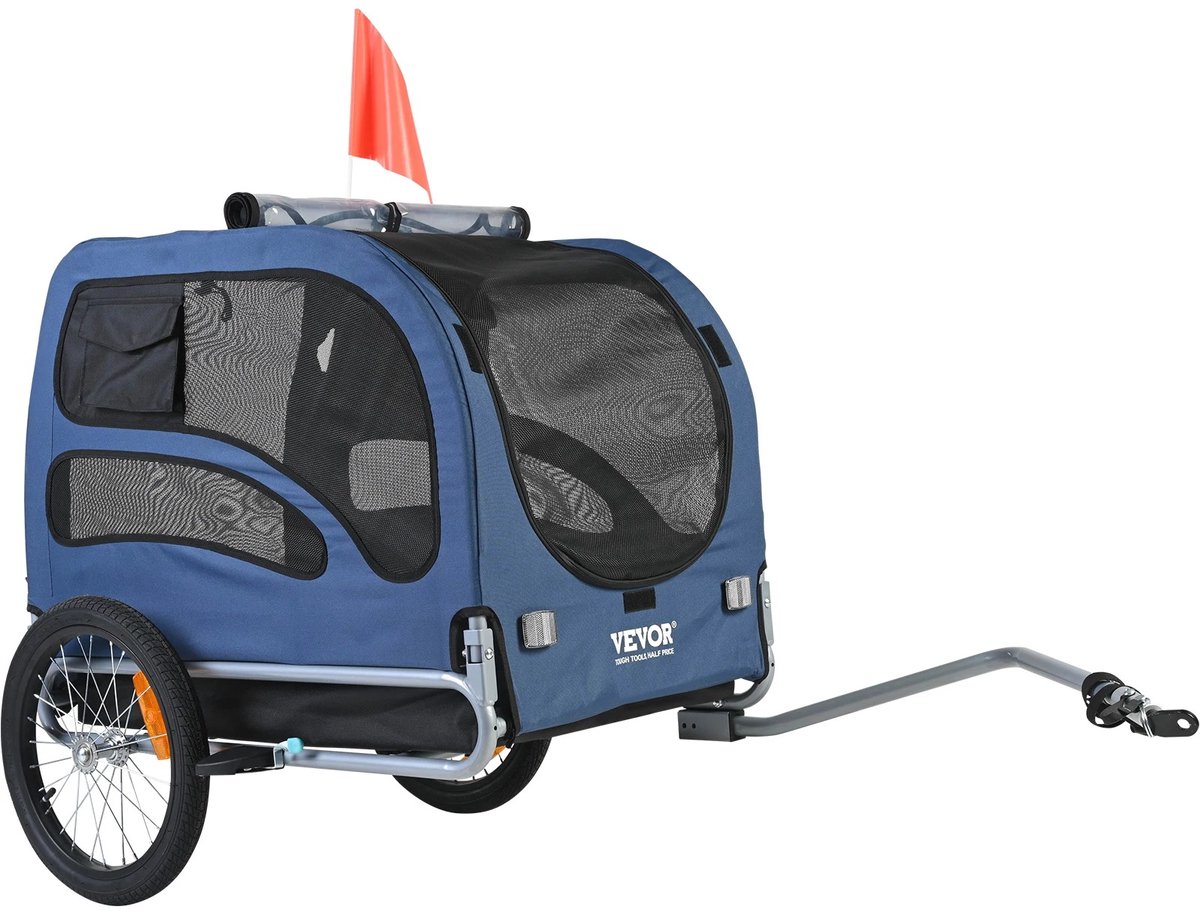 Stervia Fietskar Voor Huisdieren - Hondenbuggy - Middelgrote/Grote Honden - Met Veiligheidsvlag En Reflectoren - Opvouwbaar - Blauw - 144 x 72.5 x 84.5 cm