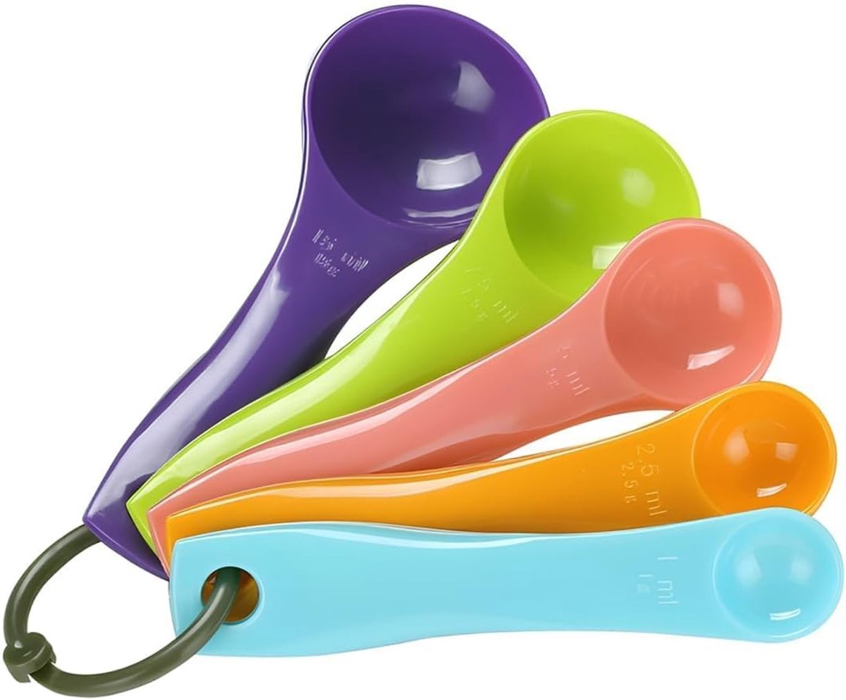 SnelShoppen - Set van 5 Maatlepels Kunststof met Dubbele Schaal, Kleurrijk, Stapelbaar, Hangende Ring, Voor Keuken, Bakken, Nauwkeurige Dosering van V