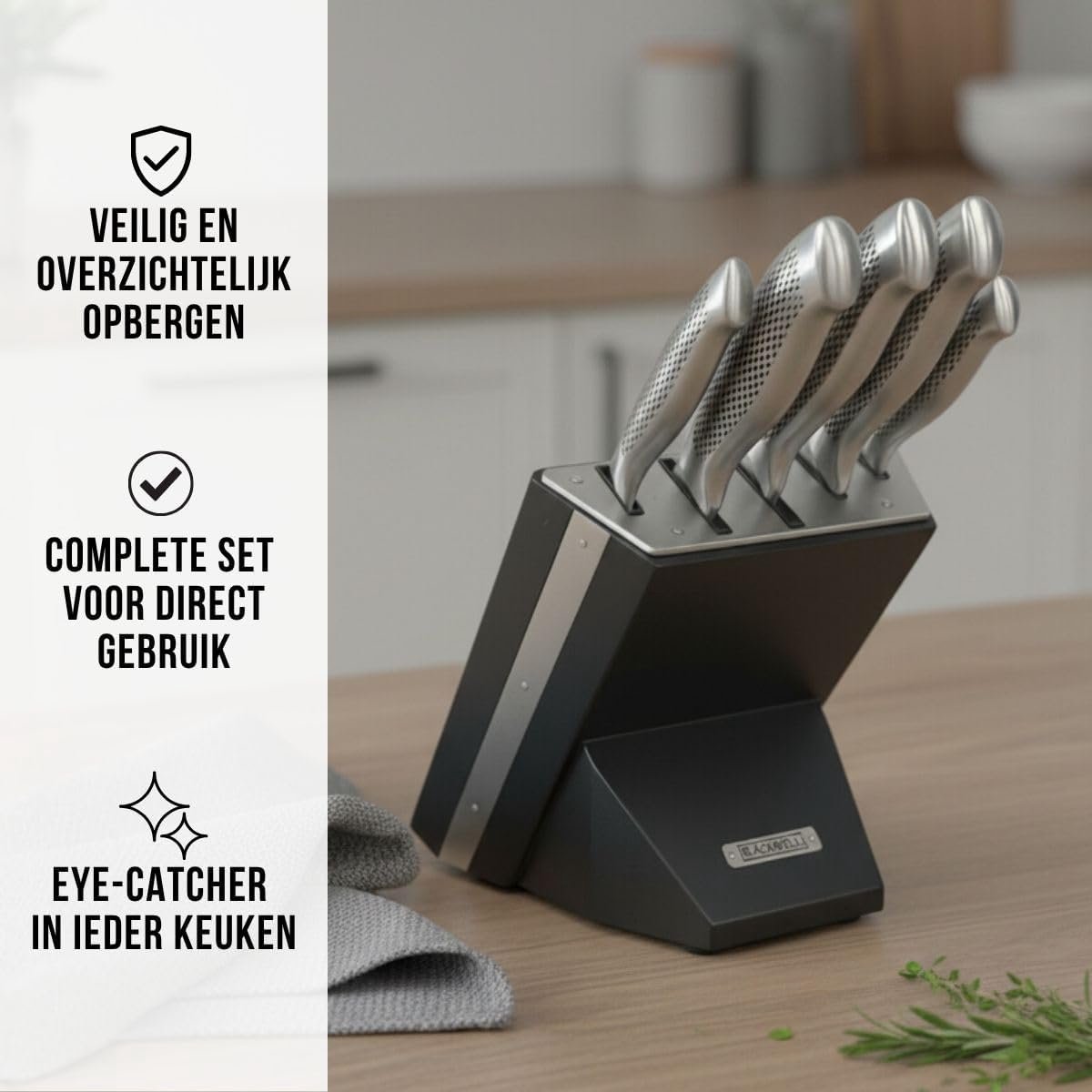 SnelShoppen - 6-delig Messenset met Messenslijper - Keukenmessen met Zwarte en RVS Afwerking - Koksmes, Santokumes, Broodmes, Schilmes en Officemes -