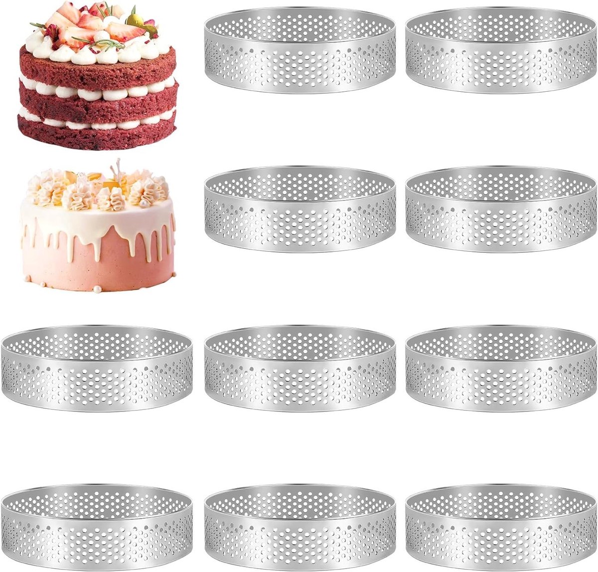 Ronde Taartvormen Set van 10 Stuks - Roestvrijstalen Cake Ringen voor Mousse, Quiches en Fruit Taarten - 7cm en 8cm Maat