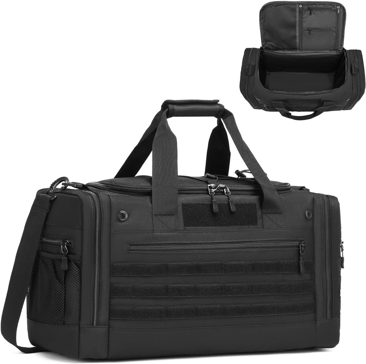 SnelShoppen - Sporttas 45L met 2 Verdelaars, Reistas, Tactische Duffle Bag voor Gym, Fitness, Weekenden, Sauna, Zwart, 56x23x33 cm