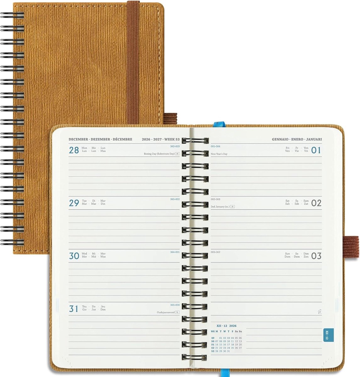 SnelShoppen - Agenda 2026 2027 Pocket Weekly A6 - 18 Maanden Planner - School Diary - Caramel PU Leer Spiral - Compacte 16.5 x 9.5 cm