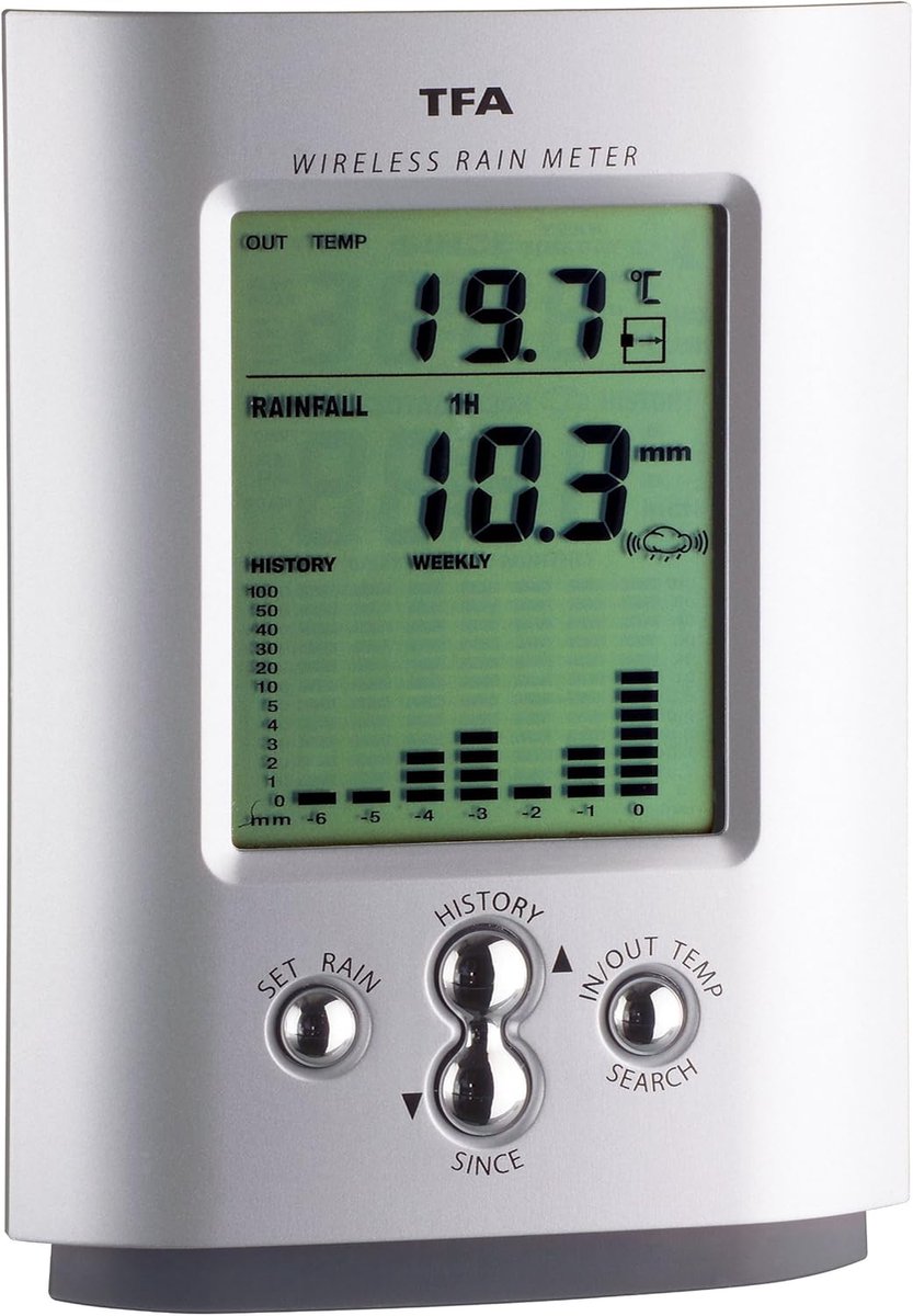 SnelShoppen - Draadloze Regenmeter met Geheugen, Weergave Neerslaghoeveelheid en Temperatuur, Alarmfunctie, Max-Min Functie, Zilver, Tuin, Binnen en B