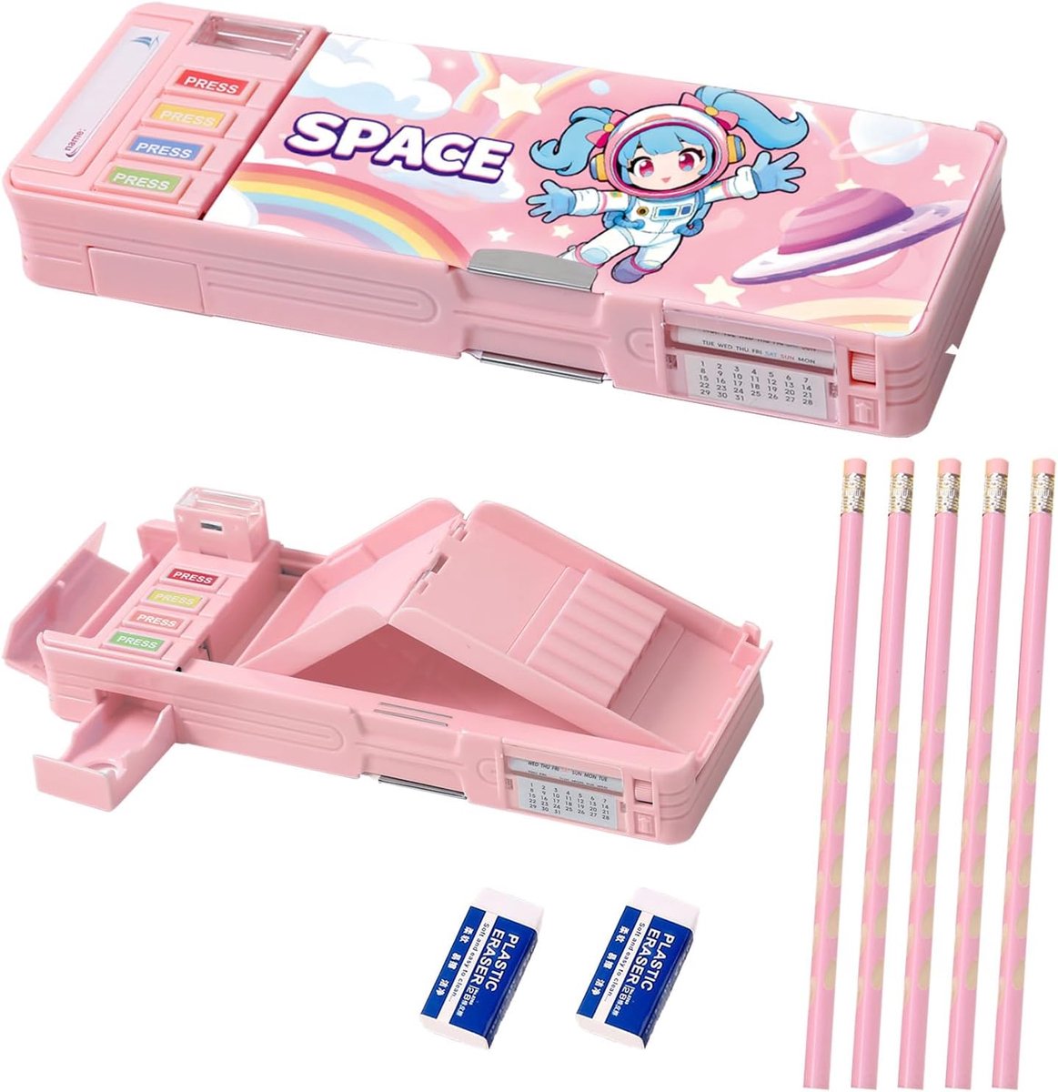SnelShoppen - Pop-up Multifunctionele Pennenbak voor Kinderen met 5 Potloden, 1 Gum, 1 Slijper, Schattige Cartoon Pen Organizer, Roze, Perfecte Verjaa
