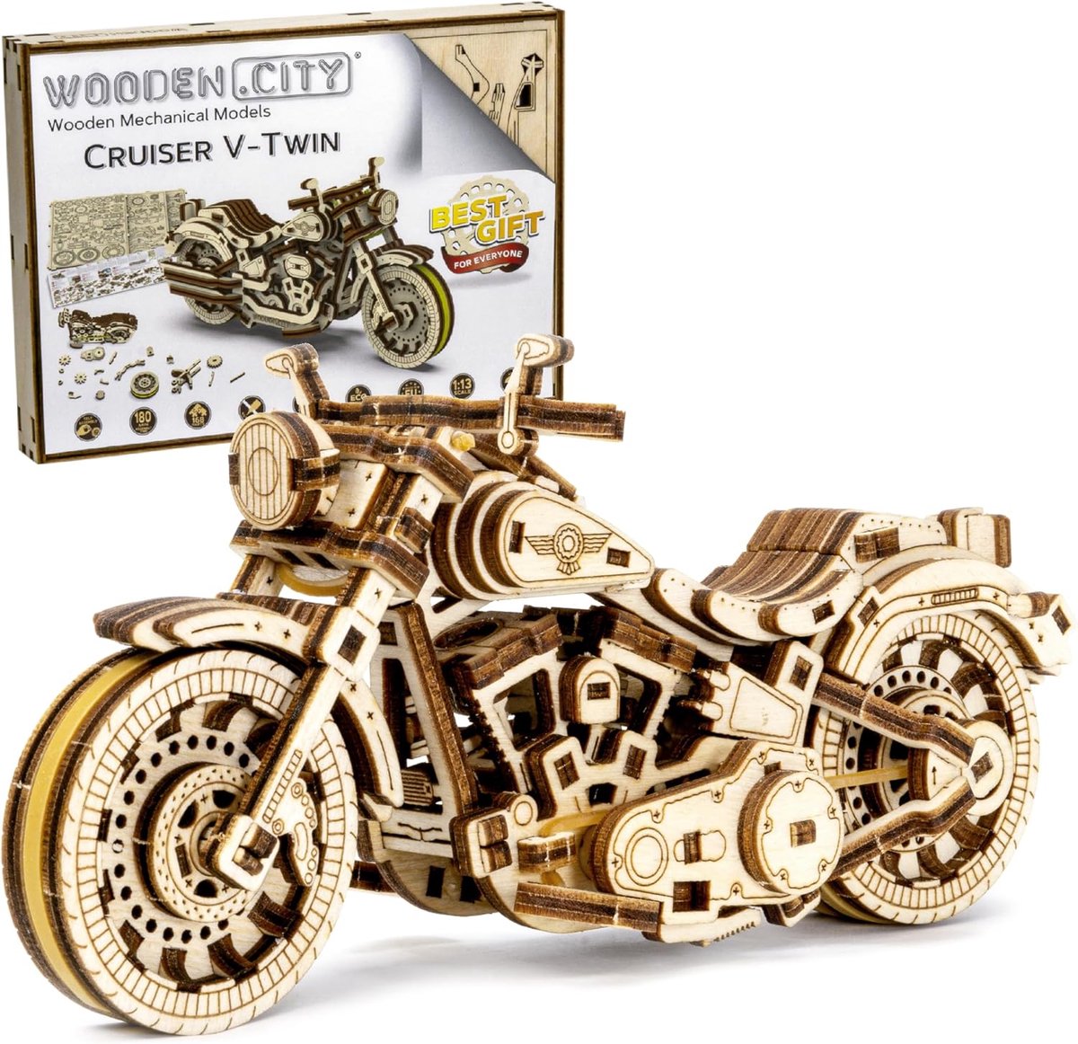SnelShoppen - 3D Houten Puzzel Motorfiets voor Volwassenen, Interactieve Modelbouwset, V-Twin Cruiser, Hout, Creatief Hobby Project voor Mannen