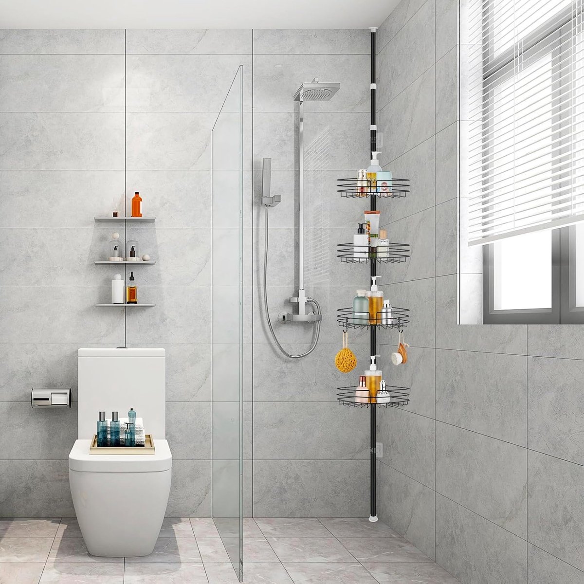 SnelShoppen - Telescopische Douche Plank Verstelbaar, Zwart, Badkamer Organizer, Waterdicht, Ruimtebesparend, Geschikt voor Doucherek, Makkelijk te In