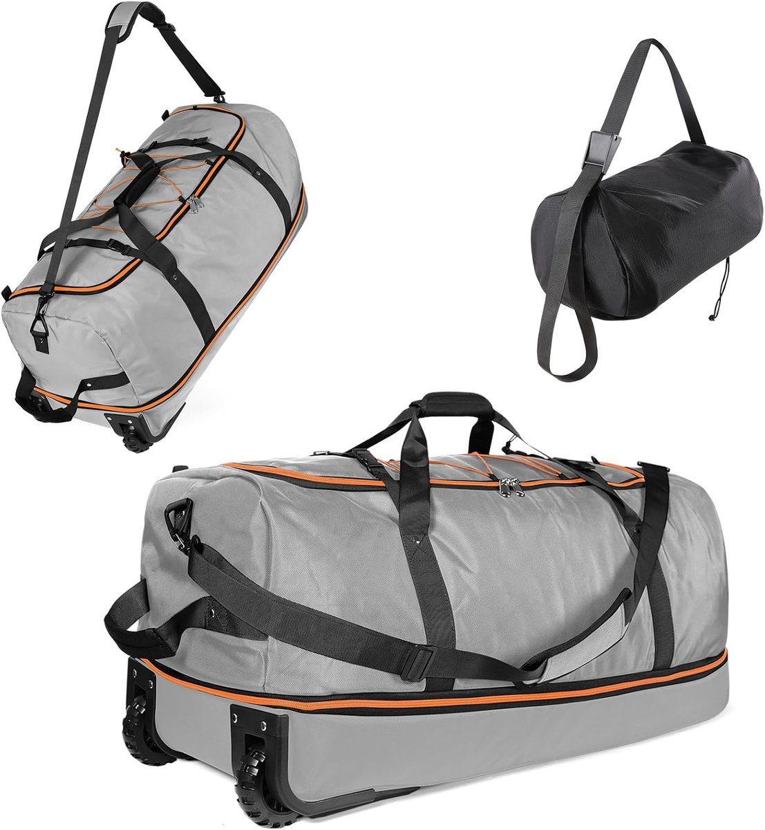 SnelShoppen - Vouwbare Reisbagage op Wielen 110L-140L, Waterdichte Gymtas met Opbergtas, Grijs, Ideaal voor Vakantie, Sport en Dagelijks Gebruik
