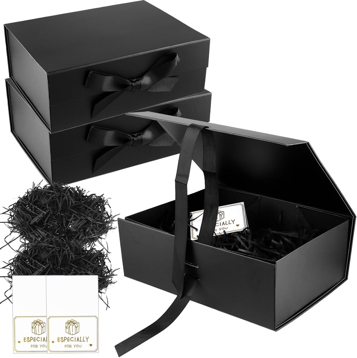 SnelShoppen - Luxe Zwarte Cadeau Box met Magnetische Deksel - 3 Stuks - 29x22x10.5 cm - Vouwdoos met Raffia Papier en Kaarten voor Verjaardag, Bruilof