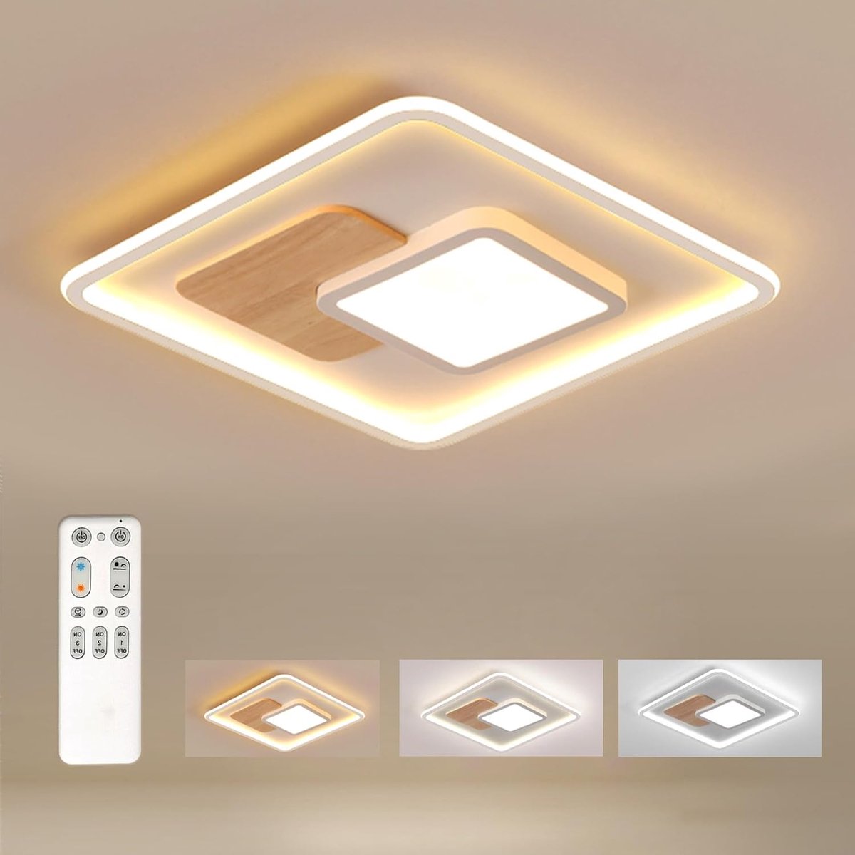 SnelShoppen - Dimbare Vierkante LED Plafondlamp met Hout, Moderne Verlichting voor Woonkamer, Slaapkamer, Kinderkamer, Keuken - Inclusief Afstandsbedi