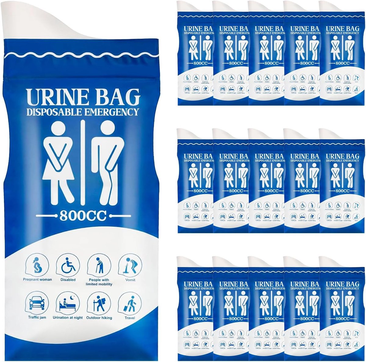 SnelShoppen - Pack Of 16 Disposable Urine Bags 800ml - Draagbare Urinezakken Voor Mannen, Vrouwen, Zwangere Vrouwen & Reizigers - Ideaal Voor Camping,