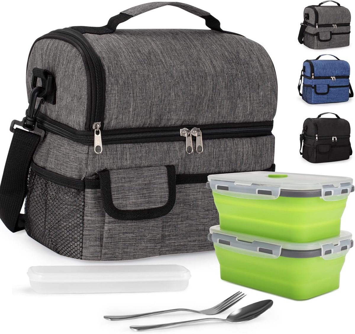 SnelShoppen - Isolerende Lunchtas 10L Koeltas met Dubbele Compartimenten, Inclusief 2 Lunchdozen en RVS Bestekset voor School, Picknick en Werk (Grijs
