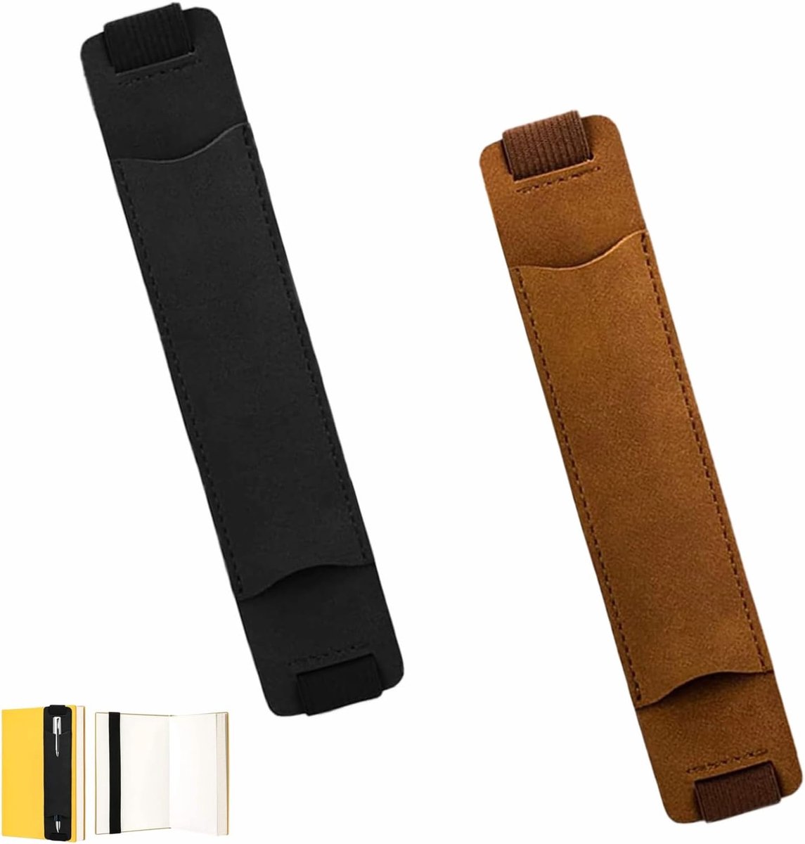 SnelShoppen - 2 Stuks Pennenhouders Notitieboek - Elastische Penhouder PU Lederen Pouch met Elastische Band voor Kantoor en Thuis - Zwart en Bruin