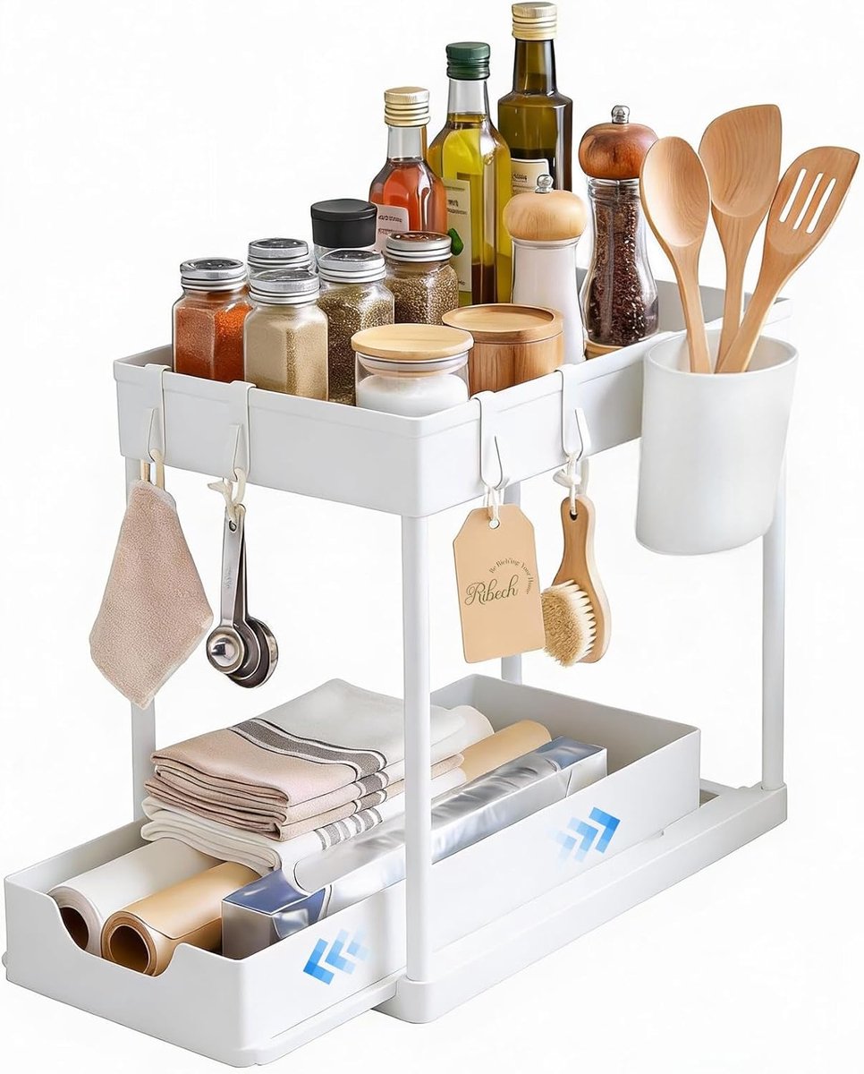 SnelShoppen - Base Cabinet Organiser 2-Traps Plastic Uitbreidbare Opberg Lade met Haken 37,5 x 20,5 x 33 cm Wit voor Keuken en Badkamer