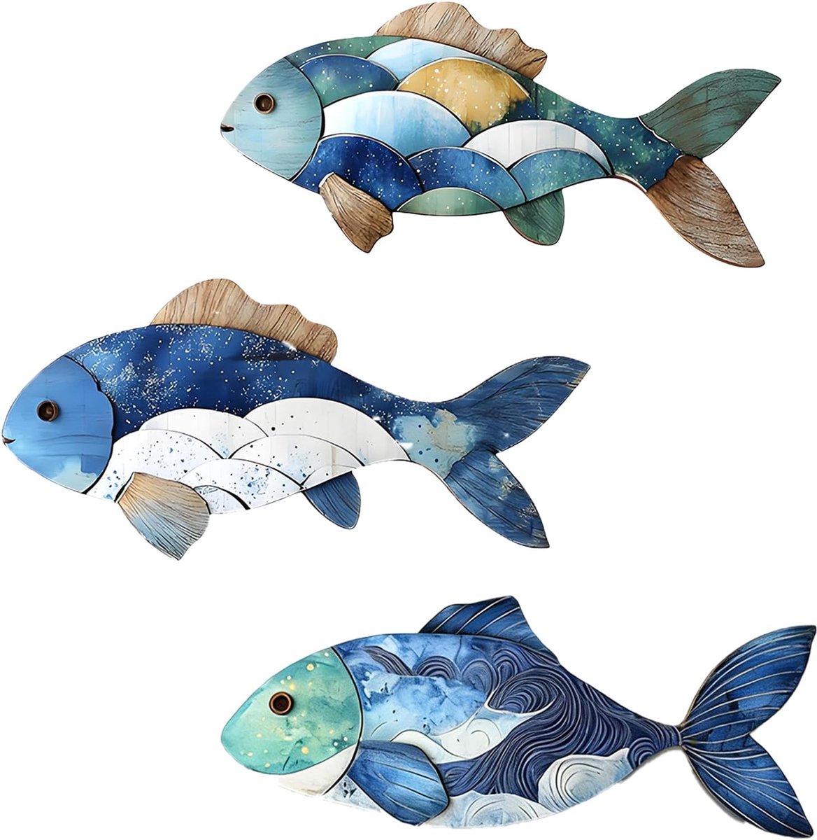 SnelShoppen - Decoratieve Houten Vissen Set van 3 Stuks - Blauw Hout - Wanddecoratie voor Badkamer, Woonkamer, Slaapkamer - Maritieme Strandstijl - 18