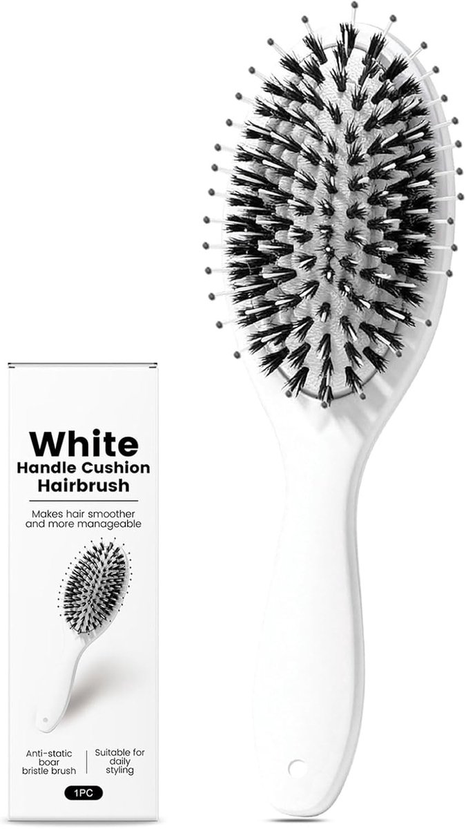 SnelShoppen - Weiße Wildschweinborsten Haarbürste, Anti-Static Kussenborstel voor Gladder Haar, Ontklitborstel Geschikt voor Alle Haartypes, Zachte Ve