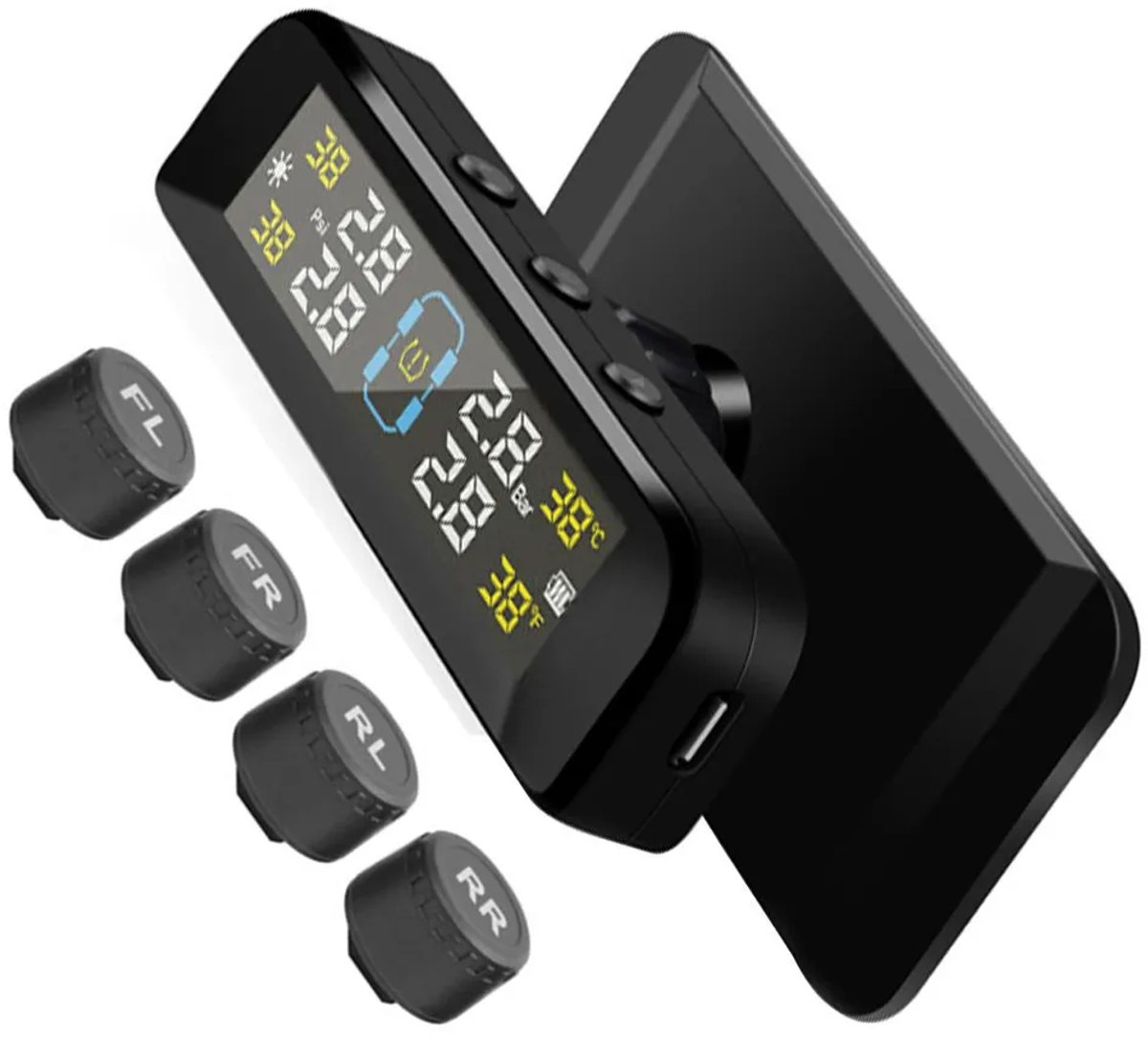 Bandenspanningscontrolesysteem | Draadloze 3,5-inch bandenspanningsmeter met zonne-energie/USB-opladen, 4 externe sensoren, waterdicht.