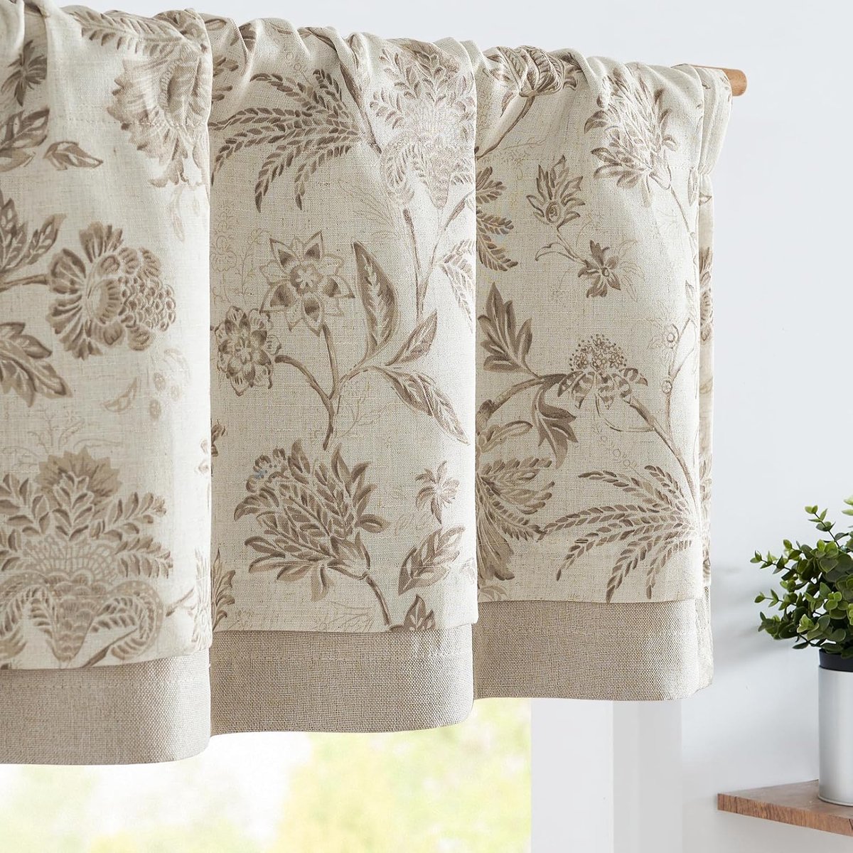 SnelShoppen - Gele Linnen Transparante Keuken Gordijnen met Tropische Bladeren - Korte Bistro Gordijn Valance 40 x 125 cm - Landhuisstijl - 1-Pack