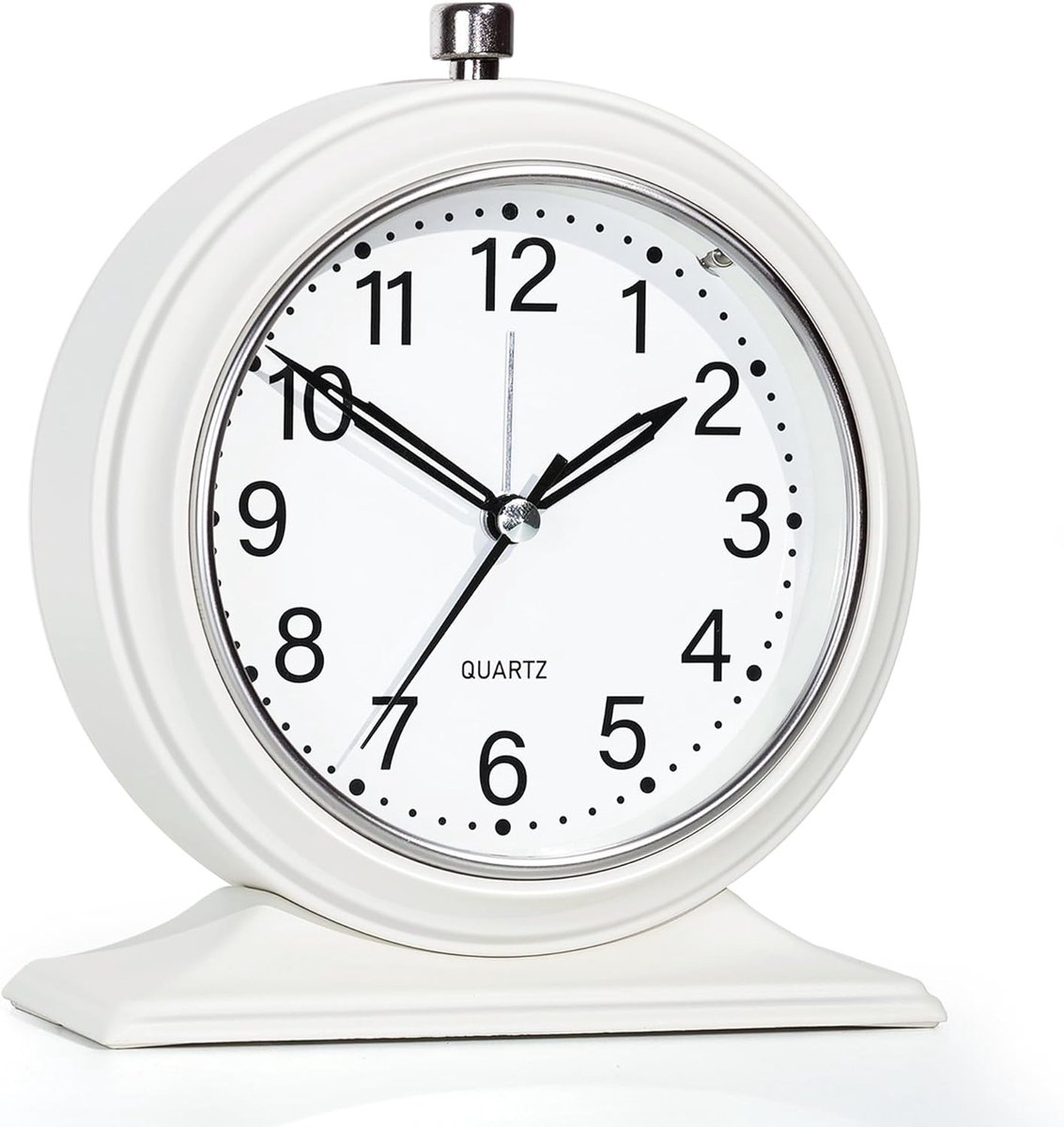 SnelShoppen - Retro Wecker 4 Inch - Stil Analoge Alarmklok zonder Tikken - Met Licht - Metaal Tafelklok voor Slaapkamer, Boekenkast, Nachtkastje (Wit)