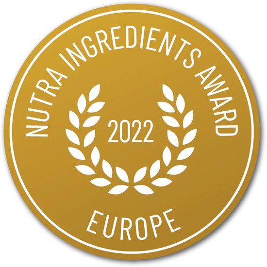 Gouden medaille met tekst 'Nutra Ingredients Award Europe 2022' en een lauwertak.