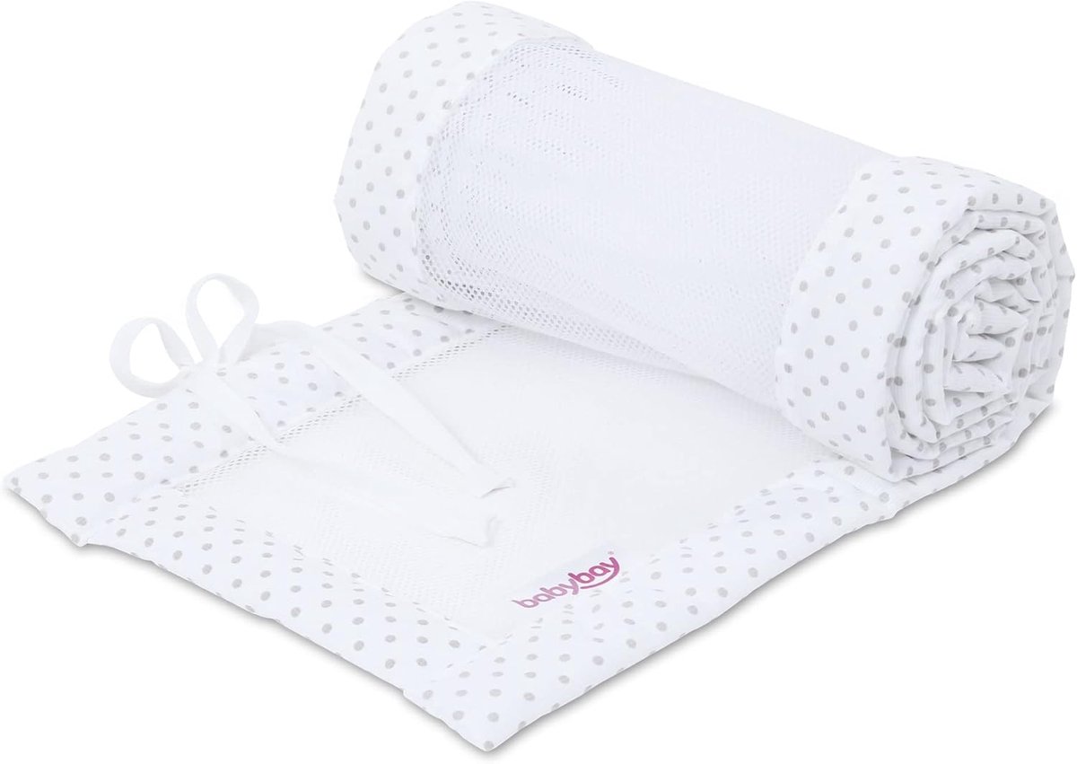 SnelShoppen - Babybay Nest Mesh Piqué - Wieg Bumper voor Babybed - Bump Bescherming voor Maxi, Boxspring, Comfort en Comfort Plus - Wit met Parels Gri