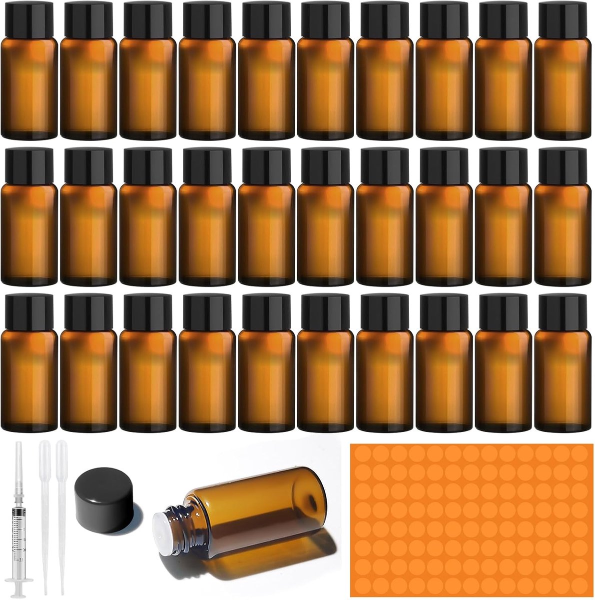 SnelShoppen - 30 Stuks 5ml Lege Bruine Glazen Flessen, Essentiële Olie Flessen, Mini Glazen Flessen met Pipet, Spray Stickers voor Spa, Massage en Aro
