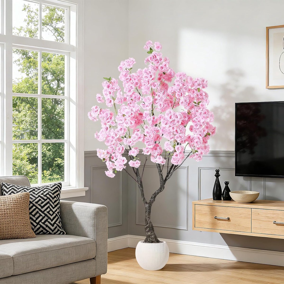 Realistische roze kunstkersenbloesemboom in pot – 6FT (180 cm) kunstplant – zijden bloemen en levensechte bladeren – UV-bestendig – onderhoudsvriendelijke decoratieve boom – voor binnen en buiten, thuis