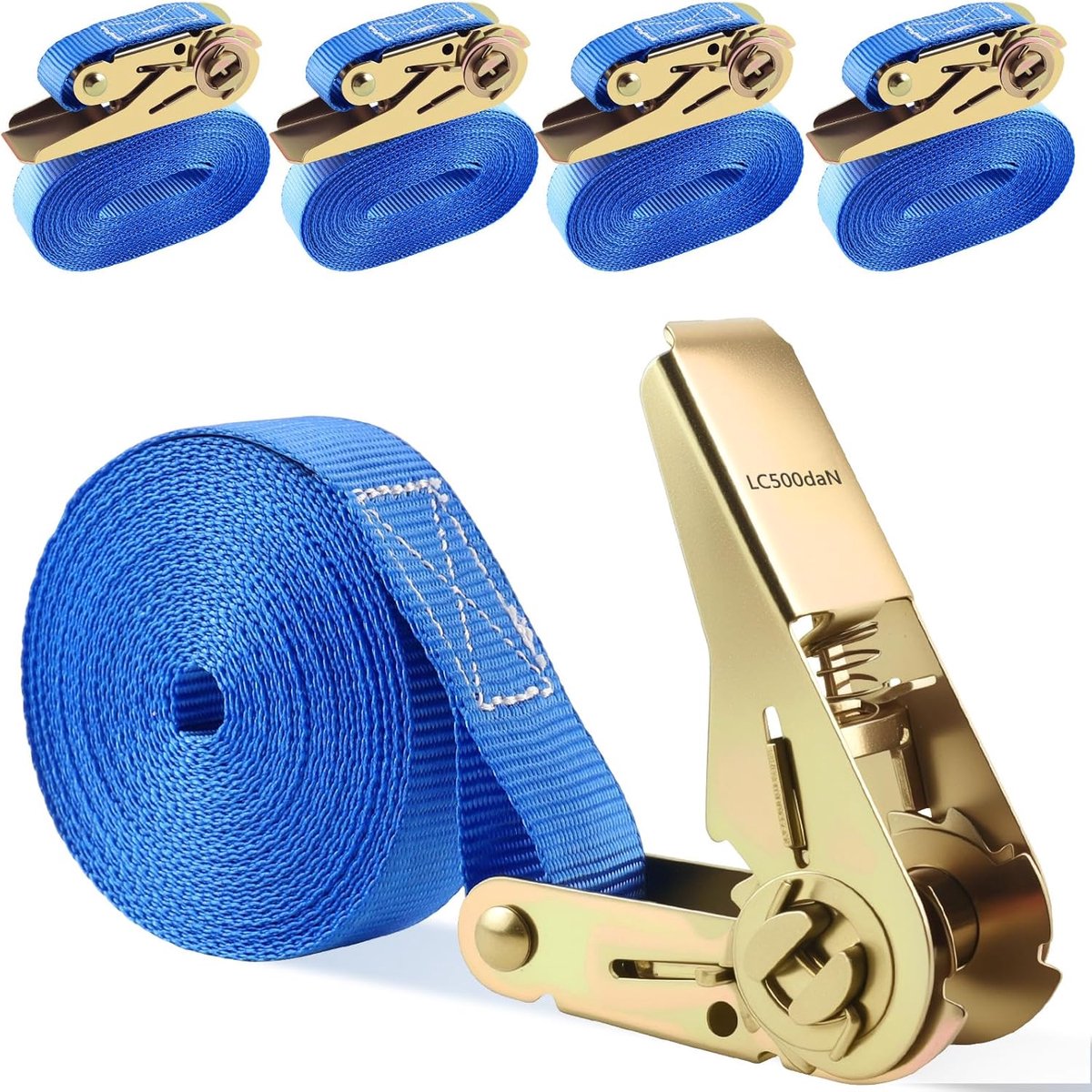 SnelShoppen - Pack van 4 Ratchet Straps 6 m x 25 mm - Sterke Lashing Straps voor Motor, Auto, Trailer, Huishouden - Blauw, Tot 800 kg