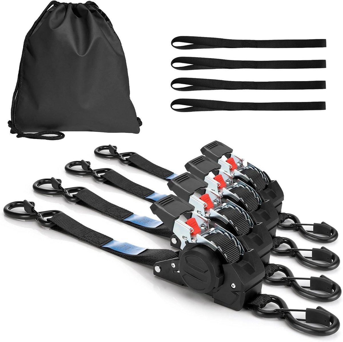 SnelShoppen - 4 Stuks Automatische Spanbanden 3m, 25mm, Met S-Haken, Tot 700kg, Zelfoprollend, Intrekbare Ratelriemen Voor Motorfiets, Kajak, Bedrijfs