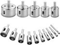 Set van 15 diamantschijven met schachten, variërend in grootte van 6 tot 50 mm.