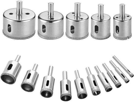 Set van 15 diamantschijven met schachten, variërend in grootte van 6 tot 50 mm.