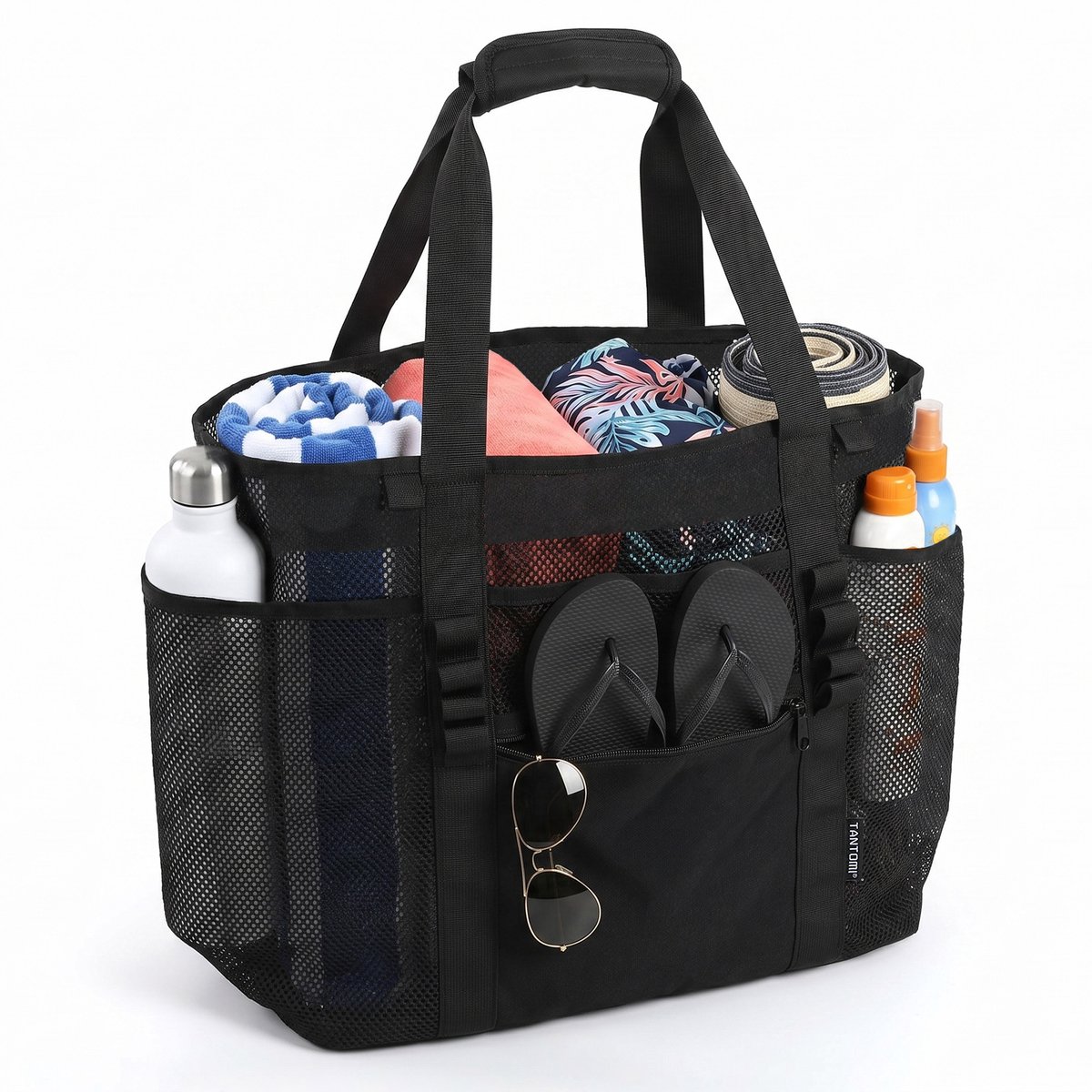 TANTOMI - Strandtas - Grote - 40x20x35 cm - Mesh - Opvouwbaar - Strand Tas voor het hele gezin - voor strand, zwembad en reizen - Zwart