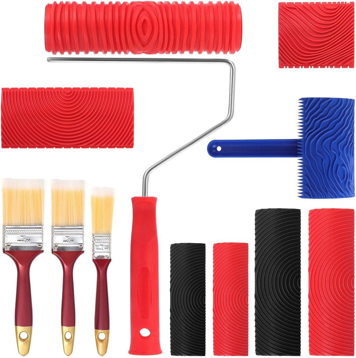 Set van 8 Houten Structuur Schildertools en 3 Verfkwasten voor DIY Wanddecoratie en Creatieve Projecten