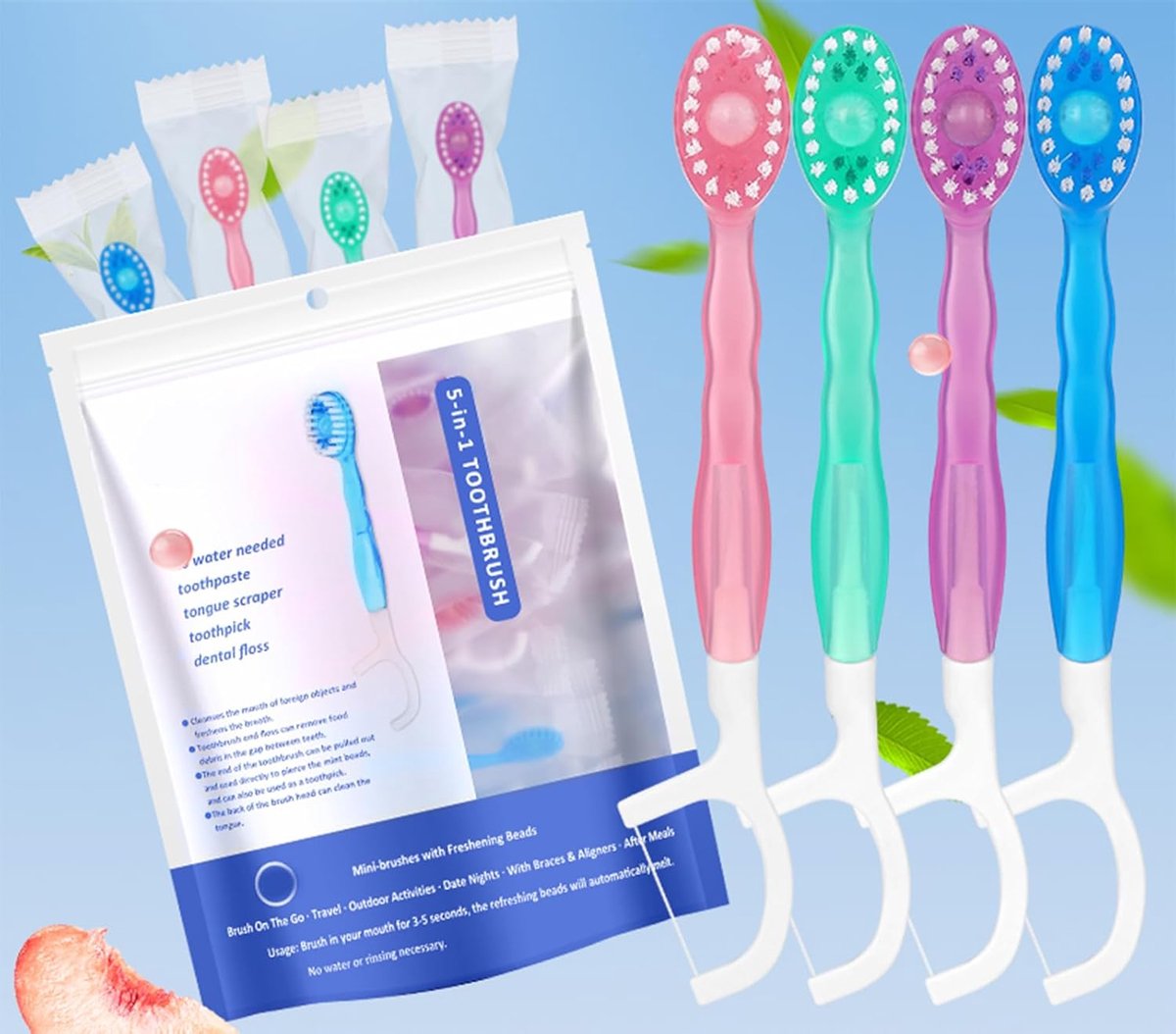 SnelShoppen - 12 Pack Mini Tandenborstel met Tandpasta - Disposable Mini Tandenborstel 5 in 1 (Pre-bonded | Floss | Tongue Scraper | Fresh Breath | To