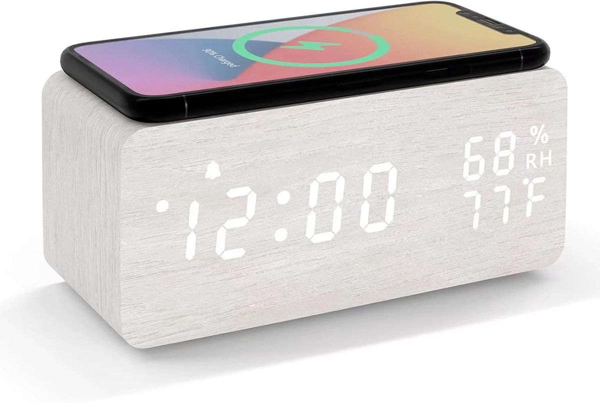 SnelShoppen - Houten LED Alarm Klok met Draadloze Oplader, Temperatuur- en Vochtigheid Display, Kalender, Instelbare Helderheid, Geluidsbediening voor