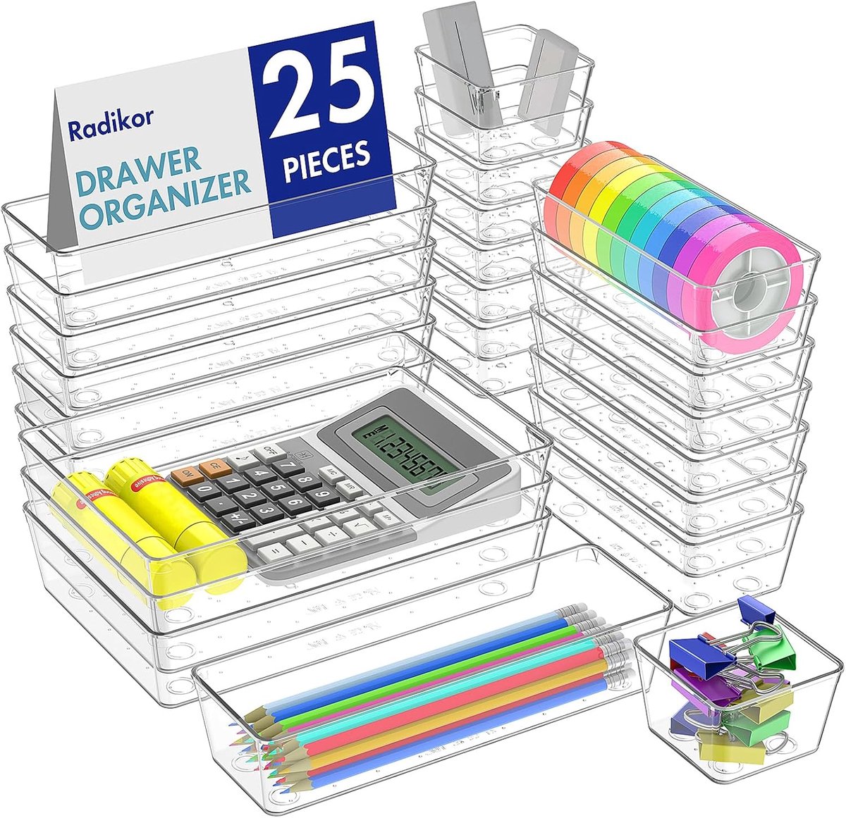 Thijox - Lade-organizer 25 stuks, stapelbare kunststof make-up organizer, transparant, voor badkamer, keuken, bureau, laden, multifunctioneel, 4 maten