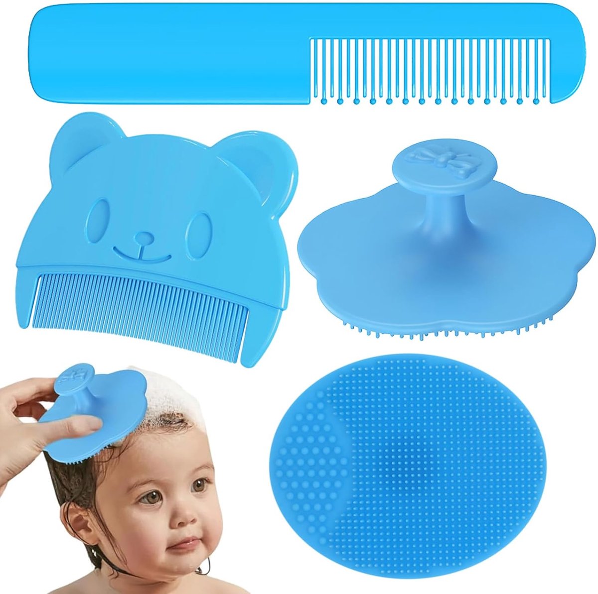 SnelShoppen - 4pcs Melkkorst Borstel Kam Set voor Baby's - Zachte Borstels voor Nieuwborn Hoofdhuidverzorging - Geschikt voor Baby Shower - Blauw