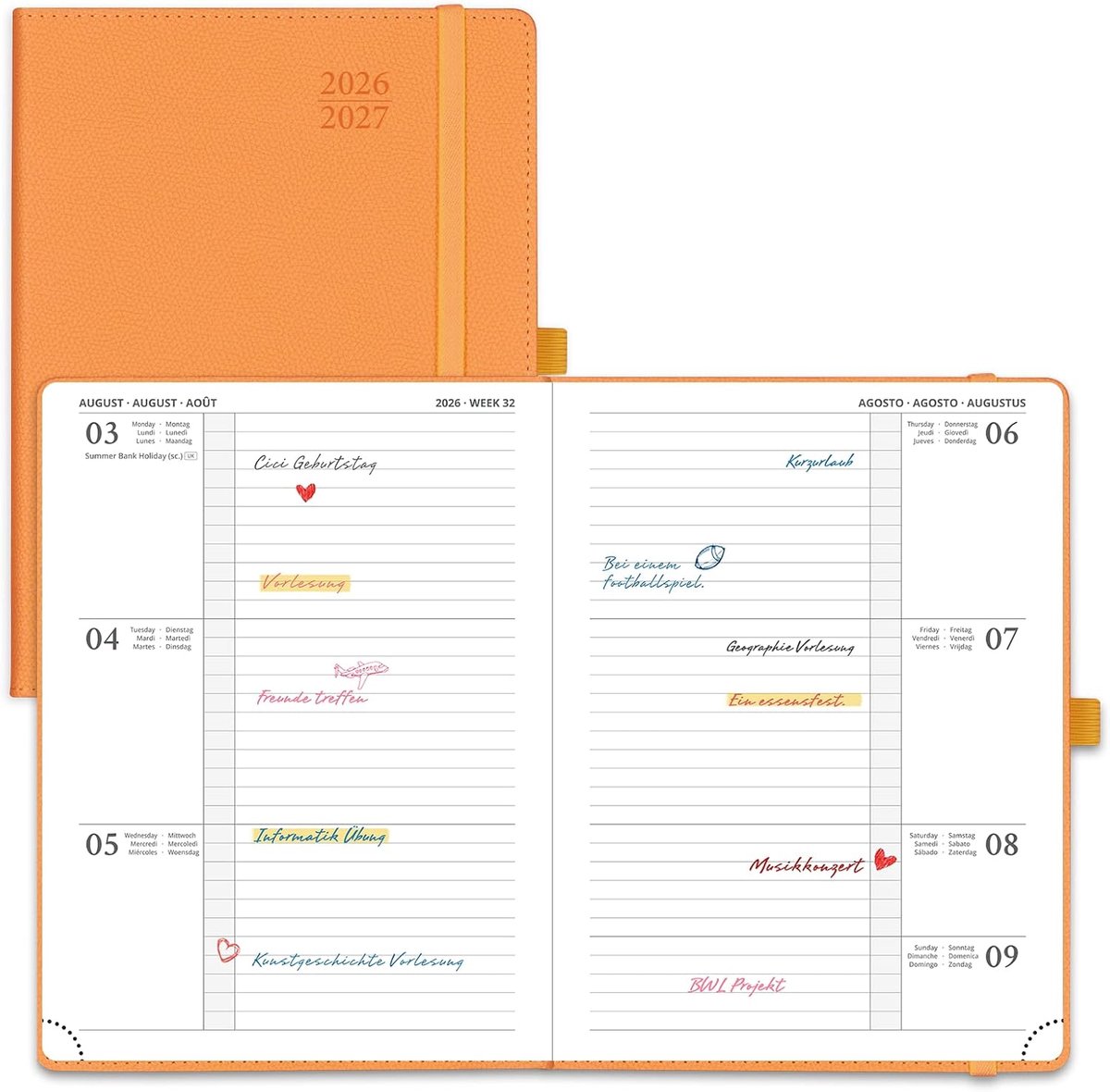 SnelShoppen - POPRUN Kalender 2026 2027 Horizontaal Wochenplaner - 17 Maanden Organizer, PU Leer, A5 Formaat, Oranje, met Bladwijzerband en Afscheurho