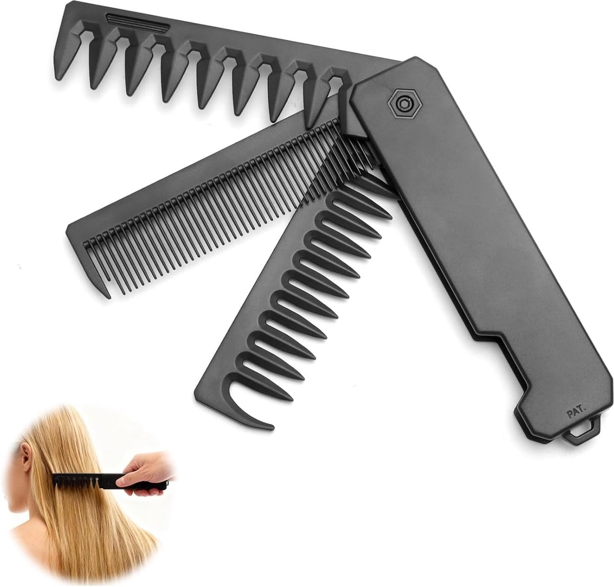 SnelShoppen - 3-in-1 Vouwkam voor Mannen - Haarborstel met Brede en Fijne Tanden - Opvouwbare Styling Kam met Spiegel - Perfect voor Baardverzorging,