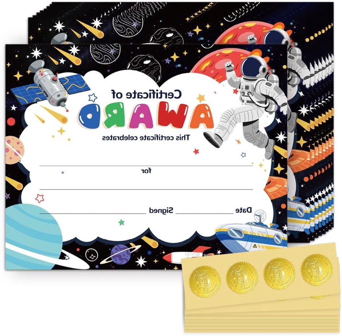 30 Stuks Astronaut Thema Certificaatpapier met 32 Stuks Gouden Folie Stickers, 20x25cm voor Diploma's, Afstuderen en Sportprestaties in de Klas