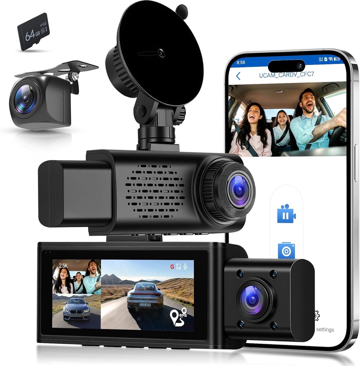 SnelShoppen - GPS Wifi Dashcam 3 Kanalen Auto 2,5K Voor en Achter, 1080P Binnen, Nachtzicht, Loopopname, G-sensor, 3,16 Inch Scherm