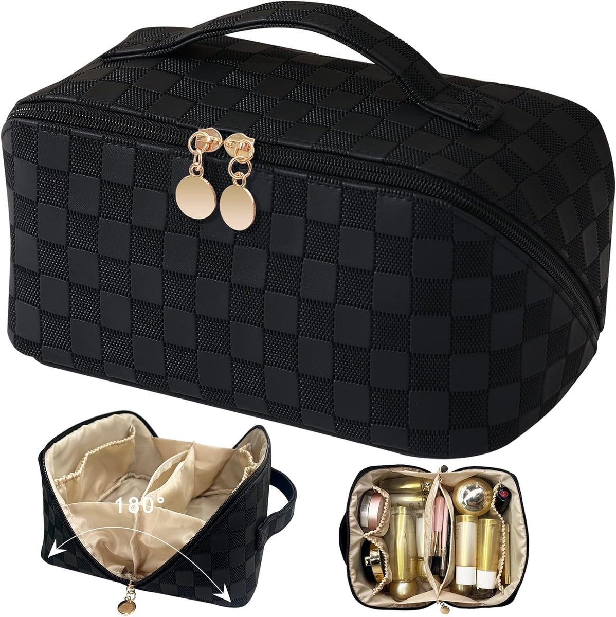 SnelShoppen - Grote Travel Cosmetic Bag voor Vrouwen, PU Leer Make-up Tas, Draagbare Schoonheid Case, Capaciteit Organizer voor Reizen, Essentiële Acc