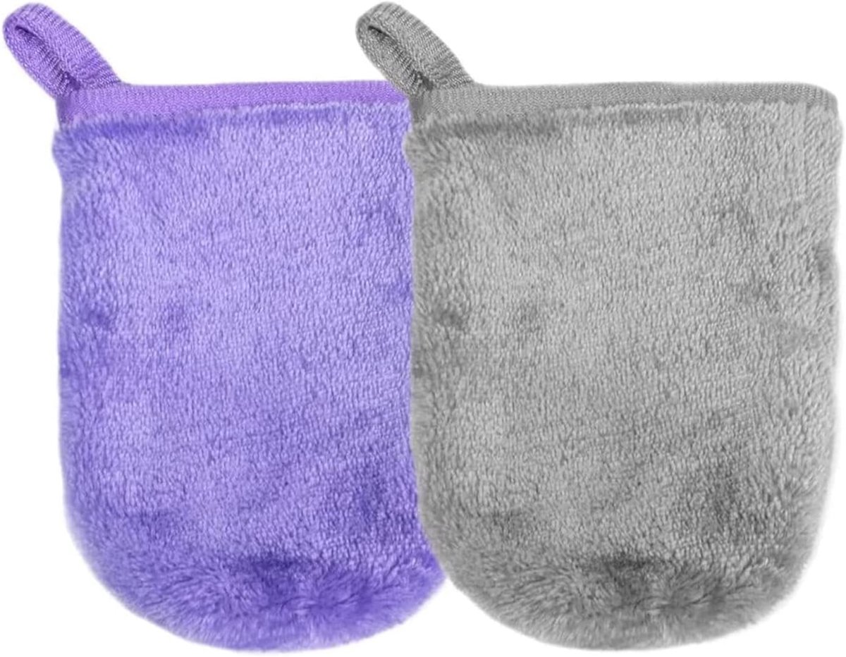 SnelShoppen - Microfiber Reinigingshandschoen - Zacht Herbruikbaar Make-up Verwijderaar - 2 Stuks 9cm x 12cm - Grijs & Paars - Geschikt voor Alle Huid