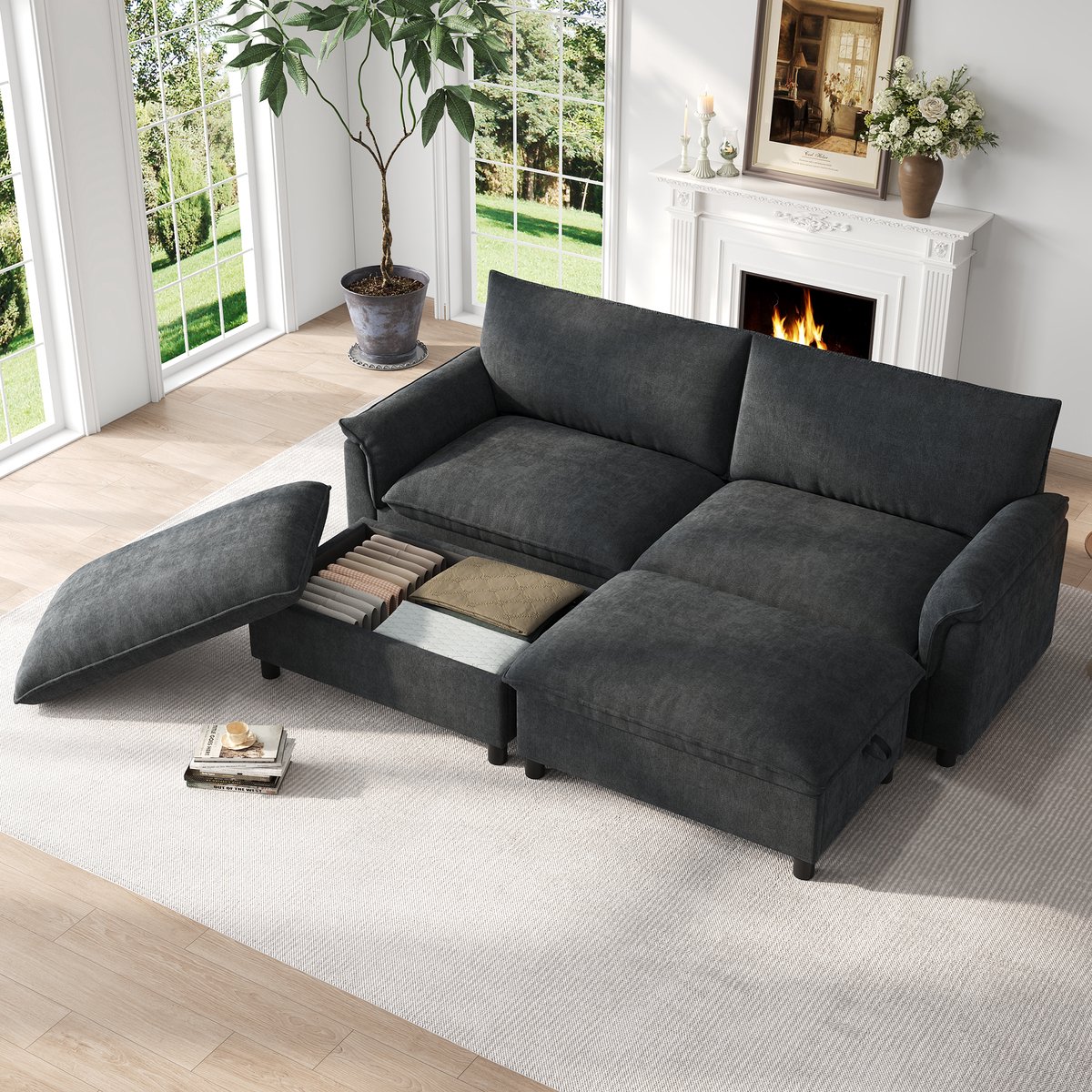 Sofa - Modulair cloud-sectional in U-vorm, met 2 beweegbare voetenbanken met opbergruimte & hoge rugleuning - 216x77x82 cm - Grijs