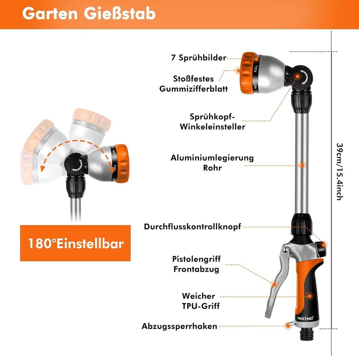 SnelShoppen - 42cm Lange Metalen Tuinslang Spuitpistool met 7 Verstelbare Spuitstanden, Ideaal voor Hangende Potten en Struiken, Oranje, Duurzaam en S