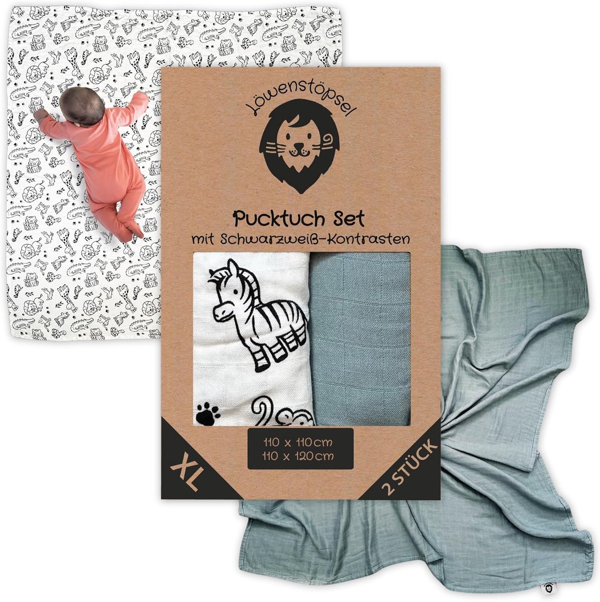 SnelShoppen - XL swaddling cloth set van 2 - 110 x 110 cm - Zacht babydeken in trendy sage met zwart-wit motief - Perfect voor visuele ontwikkeling -