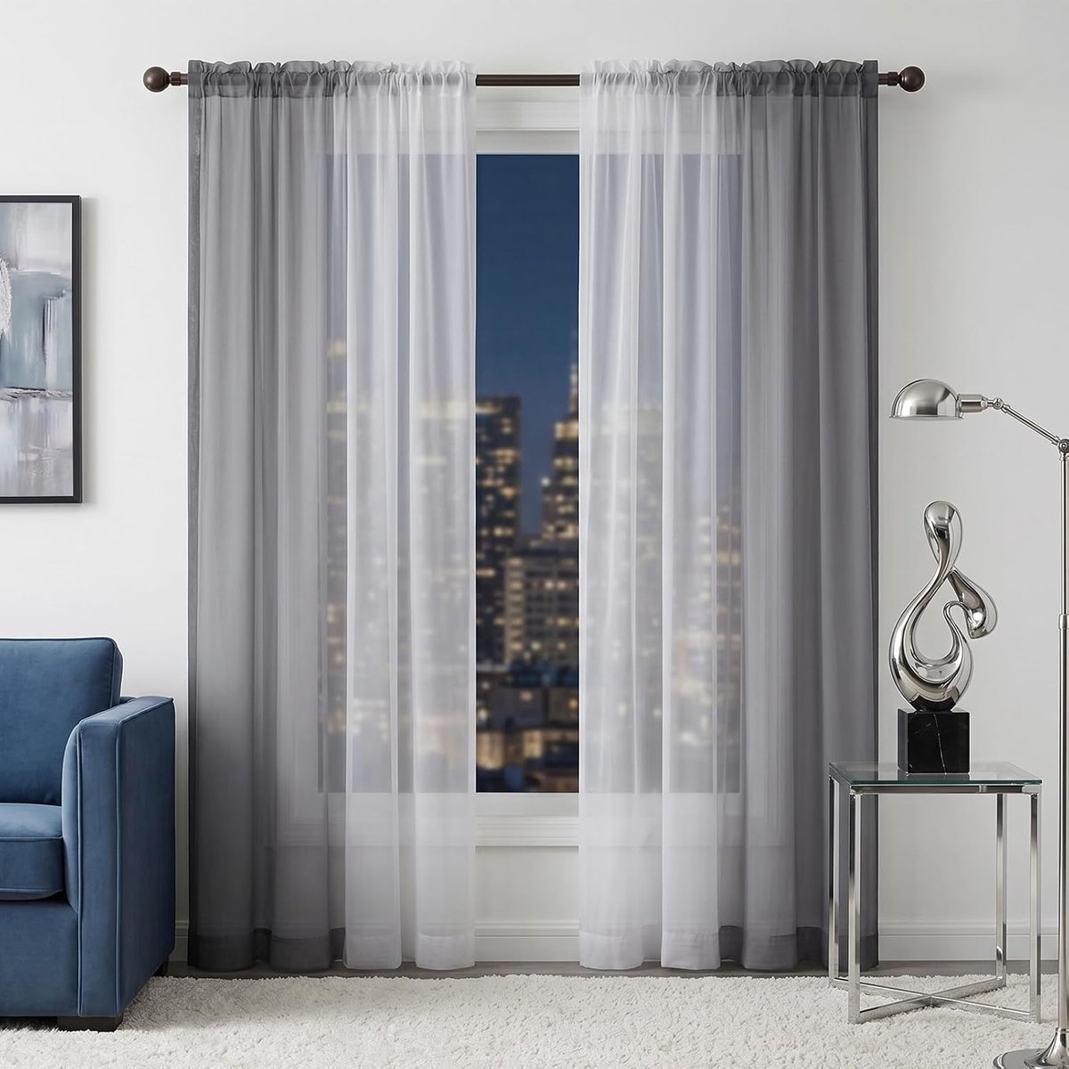 SnelShoppen - Melodieuze Gordijnen met Rimpelband, Set van 2 - Ombre Transparante Gordijnen voor Woonkamer (H225 x W140cm, Grijs Wit)